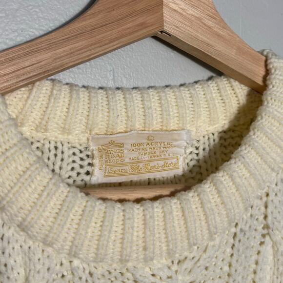 Vintage Men's L Kings Road Sears Chunky Cream Cable Knit Fisherman Crew Sweater - Picture 2 of 4
